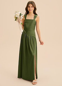 Azazie Dotty Junior A-Linie Plissee Stretch-Satin Kleid Olivgrün image4