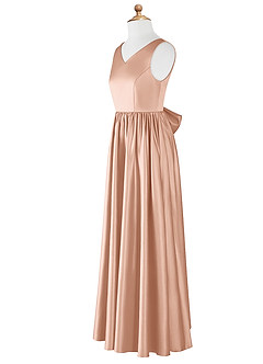 Azazie Hathaway Junior Vestido de Oro Rosa de Satén Elástico de Corte En A con Lazo image8