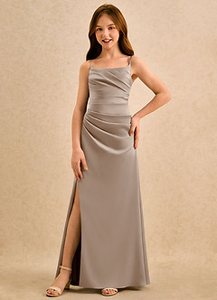 Azazie Cannoli Girls Formal Flower Girl Dresses Taupe A-Line Pleated Stretch Satin Dress image3