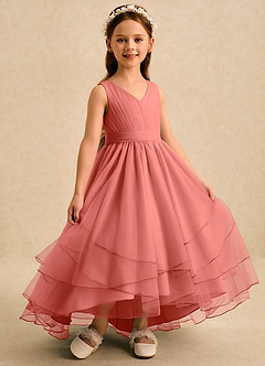 Azazie Seraphina Flower Girl Dresses Salmon Pink A-Line Pleated Tulle Dress image3