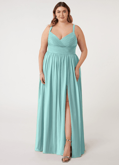 Azazie Chanel Jurken voor bruidsmeisjes Jurk van Chiffon met A-Lijn Geplooid Aqua image8
