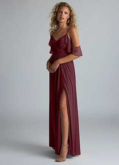 Azazie Fiena Final Sale Desert Rose A-Line V-neck Ruched Mesh Dress image2