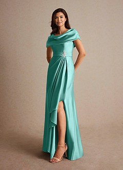 Azazie Branford Mother of the Bride Dresses Aqua A-Line Pleated Stretch Satin Dress image8