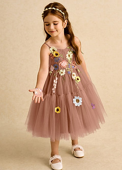 Azazie Osea Robe Demoiselle D'honneur Fillette Robe Princesse en Tulle Plissée Bronze image1