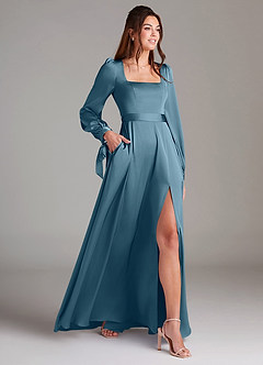 Azazie Leonia Bridesmaid Dresses Bermuda A-Line Long Sleeve Stretch Satin Dress image4