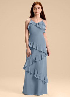 Azazie Evara Junior Jurk van Chiffon met A-Lijn Stoffig Blauw image3
