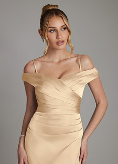 Azazie Teyana Bridesmaid Dresses Champagne Sheath Off the Shoulder Stretch Satin Dress image3