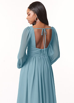 Azazie Norah Bridesmaid Dresses Moody Blue A-Line V-Neck Long Sleeve Chiffon Dress image3