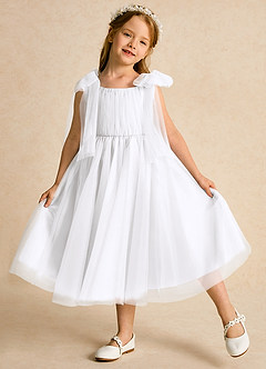 Azazie Dori Robe Demoiselle D'honneur Fillette Robe Trapèze en Tulle Rayé Blanc image4