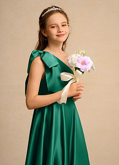 Azazie Guppy Junior Formal Jurken voor bloemenmeisjes A-Lijn Jurk van Mat Satijn One-Shoulder Smaragd image6