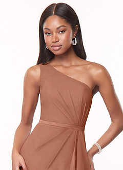Azazie Liza Jurken voor bruidsmeisjes Jurk van Chiffon met Zeemeermin One-Shoulder Bronzeertint image9