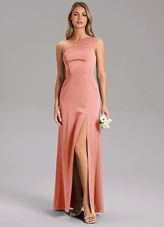 Azazie Feby Robes de demoiselle d'honneur Robe Trapèze en Satin extensible Ue épaule Corail image3