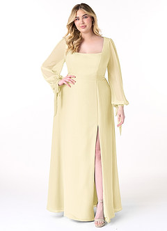 Azazie Leonia Robes de demoiselle d'honneur Robe Trapèze en Mousseline de soie Manche longue Sorbet Citron image8
