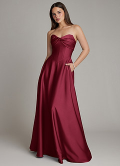 Azazie Meleena Robes de demoiselle d'honneur Robe Trapèze en Satin extensible Bustier Bourgogne image1