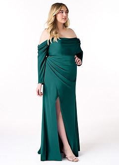 Azazie Hallie Bridesmaid Dresses Peacock Sheath Off-The-Shoulder Long Sleeve Stretch Satin Convertible Dress image11