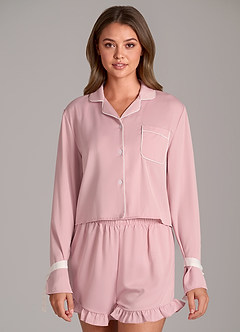 front Ensemble pyjama short à volants et manches nouées en satin contrasté