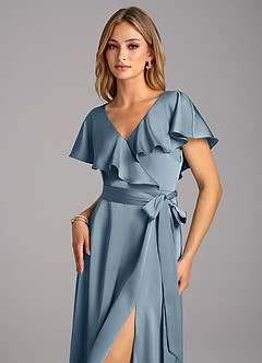 Azazie Lainey Bridesmaid Dresses Dusty Blue A-Line with Pockets Stretch Satin Dress image6