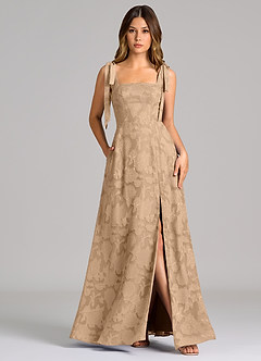 Azazie Debra Bridesmaid Dresses Champagne A-Line with Pockets Floral Burnout Dress image1