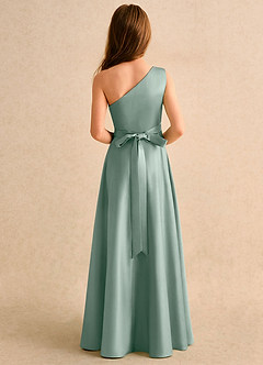 Azazie Puddles Girls Formal Robe Demoiselle D'honneur Fillette Robe Trapèze en Mat Satiné Asymétrique Sauge D'argent image3