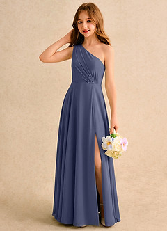 Azazie Puddles Girls Formal Robe Demoiselle D'honneur Fillette Robe Trapèze en Mousseline de soie Une épaule Bleu Orageux image3
