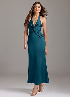 Azazie Valerie Bridesmaid Dresses Ink Blue Mermaid Pleated Stretch Satin Dress image3