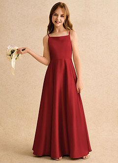 Azazie Joella Girls Formal Flower Girl Dresses Pomegranate A-Line Pleated Stretch Satin Dress image2