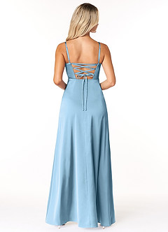 Azazie Marchella Bridesmaid Dresses Steel Blue A-Line Corset Stretch Satin Dress image2