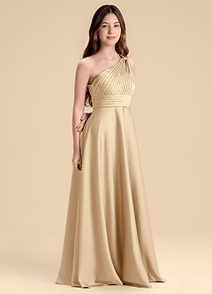 Azazie Charlize Junior A-Linie Plissee Stretch-Satin Kleid Champagner image3