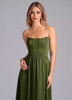 Azazie Leilana Bridesmaid Dresses Olive A-Line Corset Stretch Satin Dress image6