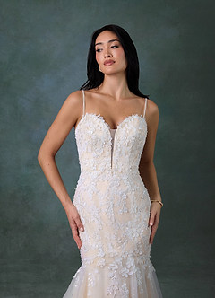 Azazie Chelley At-home Try On Dresses Diamond White Champagne Mermaid Strapless Tulle Dress image5