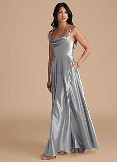 Azazie Elle Bridesmaid Dresses Silver A-Line with Pockets Metallic Satin Dress image6