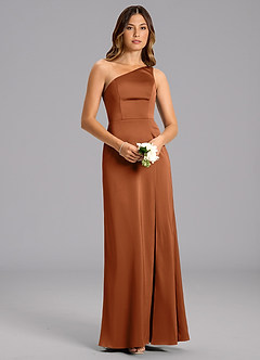 Azazie Phaedra Bridesmaid Dresses Copper A-Line One Shoulder Stretch Satin Dress image4