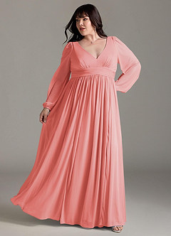 Azazie Norah Bridesmaid Dresses Coral A-Line V-Neck Long Sleeve Chiffon Dress image8