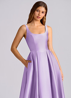 Azazie Amalie 신부 들러리 드레스 A라인 주름진 스트레치 새틴 티 길이 드레스 image2