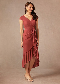 Azazie Renetta Mother of the Bride Dresses Terracotta Sheath V-Neck Pleated Mesh Dress image5