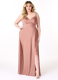 Azazie Dalilah Final Sale Rosette A-Line V-Neck Pleated Stretch Satin Dress image6