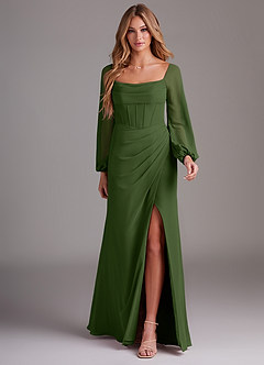 Azazie Charissa Bridesmaid Dresses Olive Sheath Long Sleeve Chiffon Dress image3