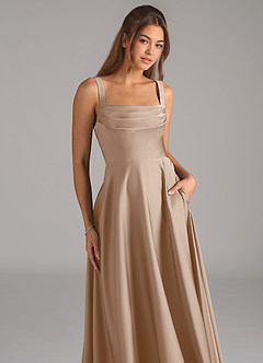 Azazie Shaude Bridesmaid Dresses Taupe A-Line Pleated Stretch Satin Dress image2