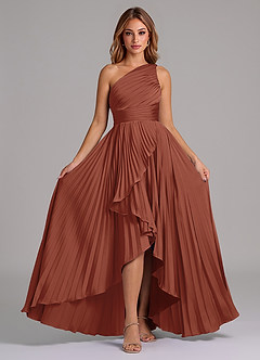Azazie Lyrica Bridesmaid Dresses Auburn A-Line One Shoulder Stretch Satin Dress image6