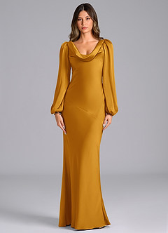Azazie Rylina Bridesmaid Dresses Butterscotch Mermaid Long Sleeve Stretch Satin Dress image1