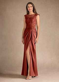 Azazie Santa Barbara Mère de la mariée Robes Robe Fourreau en Satin extensible Plissée Terracotta image2