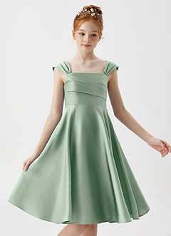 Azazie Amira Junior A-Linie Plissee Stretch-Satin Kleid Agave image3