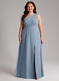 Azazie Phaedra Robes de demoiselle d'honneur Robe Trapèze en Mousseline de soie Ue épaule Bleu Poussiéreux image9