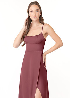 Azazie Halsey Bridesmaid Dresses Desert Rose Sheath Side Slit Stretch Satin Dress image6