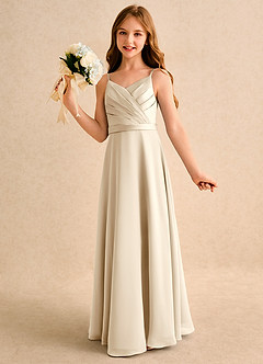 Azazie Umina Junior Formal Abiti da Ragazza di Fiori Abito A-Line in Raso Opaco Plissettato Champagne image3