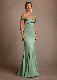 Azazie Boone Mother of the Bride Dresses Matcha Mermaid Off the Shoulder Stretch Satin Dress image1