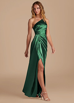 Azazie Mika Bridesmaid Dresses Dark Green Sheath One Shoulder Metallic Satin Dress image4