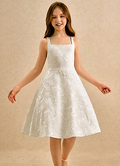 Azazie Peppy Girls Formal Blumenmädchenkleider A-Linie Schleifen Blumen-Jacquard Kleid Französisches Weiß image3