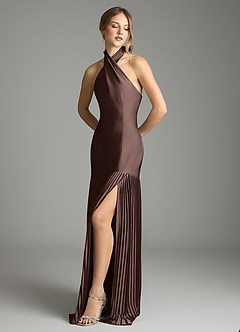 Azazie Nayeli Final Sale Ganache A-Line Pleated Stretch Satin Dress image4