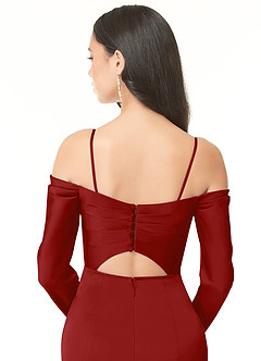 Azazie Hallie Bridesmaid Dresses Pomegranate Sheath Off-The-Shoulder Long Sleeve Stretch Satin Convertible Dress image8
